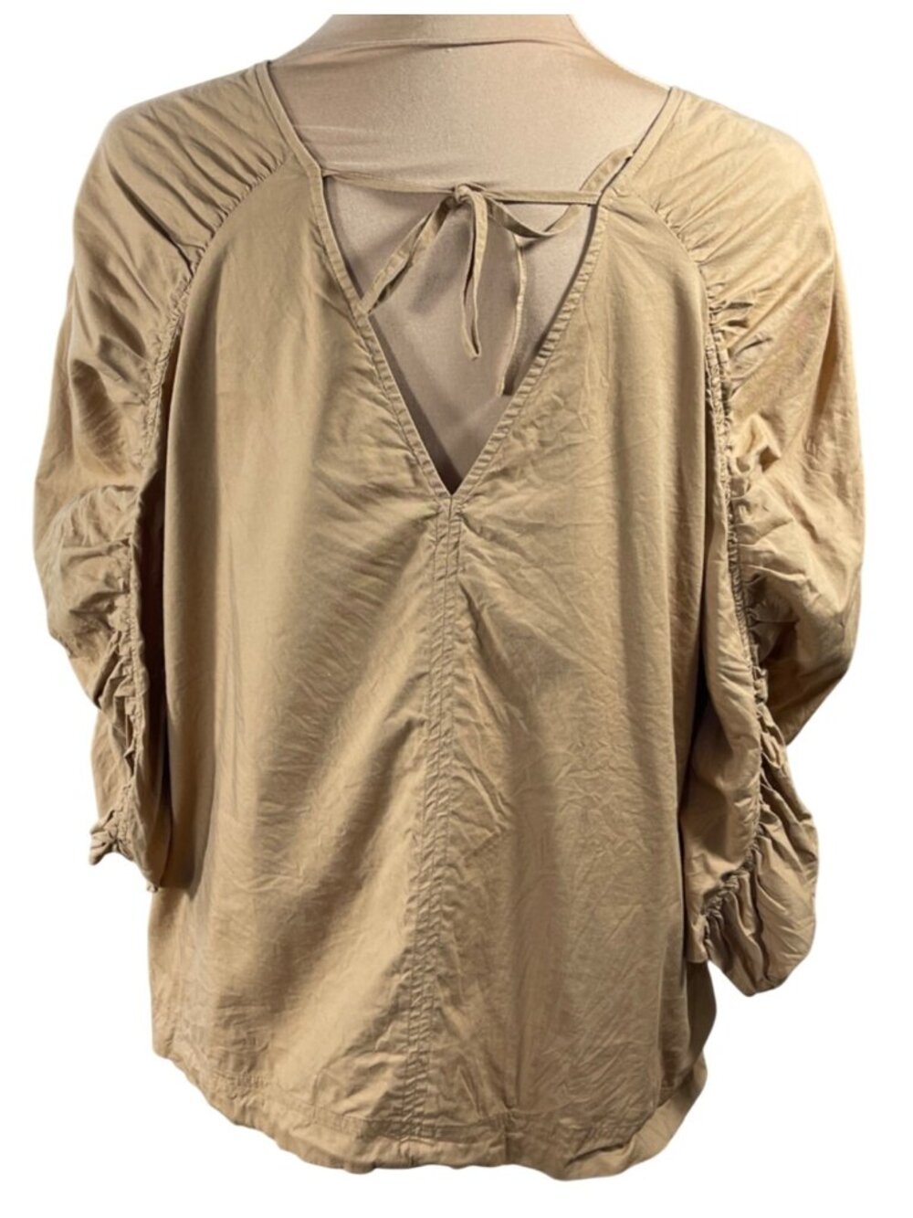 Loft Top Camel Brown Size M Medium Ruched Sleeve V-Neck Cotton Modal - Picture 3 of 6